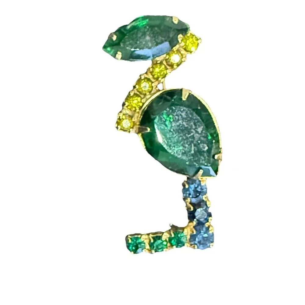 Vintage Style Rhinestone Flamingo Brooch Pin Green Gold Blue